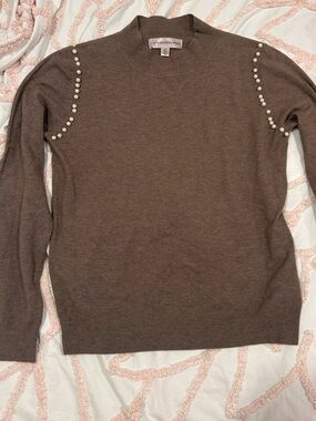 Catherine Malandrino Brown Crewneck Sweater with Pearl Accents